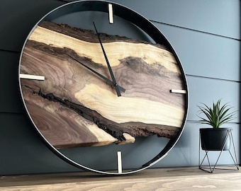 Black Walnut Live Edge Wood Wall Clock - 21" Modern Rustic Decor