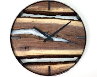 Live Edge Clock, 18” Black Walnut Live Edge  Wood Wall Clock, Unique Personalized Gift Idea, White Epoxy Inlay