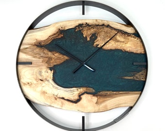 Unique Wood Clock, 25” Maple Live Edge Wood Wall Clock, Unique Gift, Metallic Dark Forest Green Epoxy