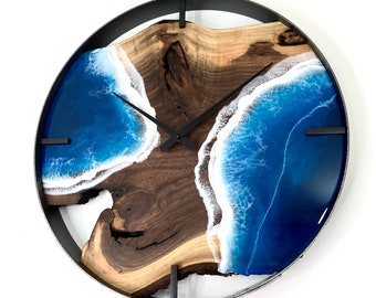 Beach Wall Clock, Unique Coastal Home Decor, 21" Diameter Live Edge Walnut