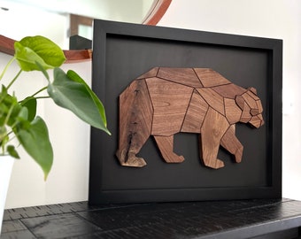 Geometric Wooden Bear in Black Frame Handcrafted from Black Walnut, Fireplace Mantle Art, Feature Wall Decor, Animal Art, Wilderness