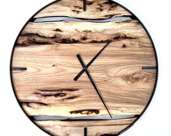 Hickory Live Edge Wood Wall Clock - 25" Diameter Minimalist Decor