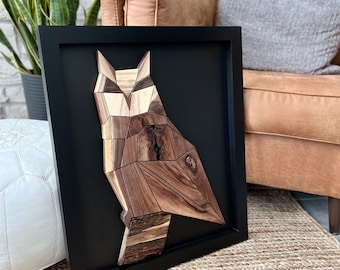 Geometric Owl Wall Art: Black Walnut Wood in Black Frame