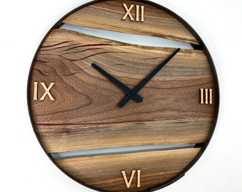 Unique Wood Clock, 18” Diameter Black Walnut Live Edge Wall Decor, Unique Personalized Gift Idea, Metallic Red Art