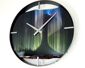 18” Northern Lights Live Edge Black Walnut Wood Wall Clock, Epoxy Art, Unique Gift