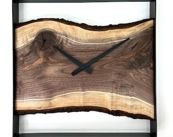 Black Walnut Live Edge Wall Clock: Square Steel Frame, Minimalist Decor