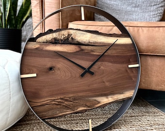 Black Walnut Live Edge Wood Wall Clock - Modern Rustic Decor