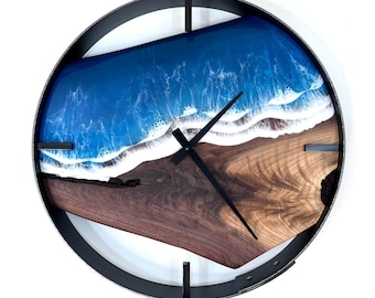 14” Live Edge Walnut Clock, Epoxy Ocean Art
