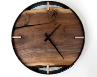 Black Walnut Live Edge Wood Wall Clock - 21" Modern Rustic Decor