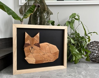 Geometric Wooden Fox in Wood Frame Handcrafted from Walnut, Cherry and Spalted Maple Wood, Nursery Decor, Fireplace Artwork, Man Cave Decor