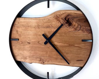 Cherry Live Edge Wood Wall Clock: 18” Diameter Rustic Modern Home Decor