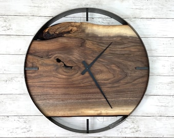 Black Walnut Live Edge Wood Wall Clock - 21" Modern Rustic Decor