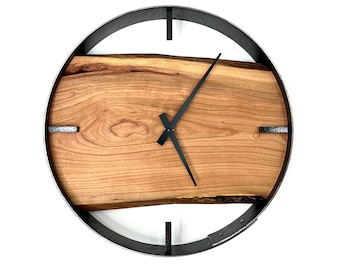 Cherry Live Edge Wood Wall Clock: 21” Diameter Rustic Modern Home Decor