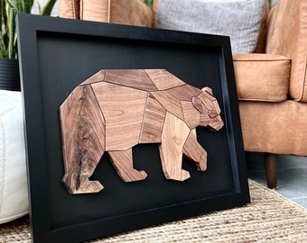 Geometric Wooden Bear in Black Frame Handcrafted from Black Walnut, Modern Simplistic Art, Wooden Home Decor, Feature Wall, One of a Kind