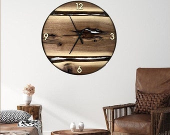 Black Walnut Live Edge Wood Wall Clock - Modern Rustic Decor, 21"