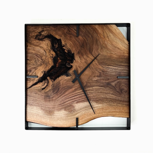 Made to Order, 18” Diameter Square Black Walnut Live Edge Wood Wall Clock, Minimalist Decor