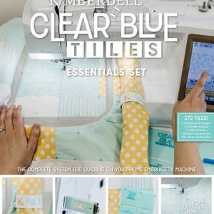 May include: A set of clear blue quilting tiles for use with home embroidery machines. The set includes 372 files and comes with a variety of sizes for both block and border tiles. The image shows a close-up of the tiles being used on a sewing machine, as well as a variety of finished quilt blocks.