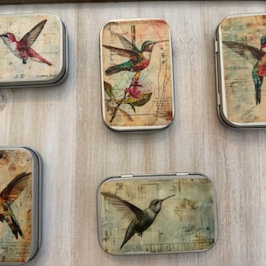 May include: Five rectangular metal tins featuring vintage-style illustrations of hummingbirds in flight and perched on branches. Each tin displays a unique hummingbird design set against a background of faded script, musical notes, and aged paper textures.