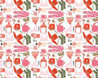 May include: A seamless pattern featuring a variety of winter-themed illustrations, including cozy sweaters, mittens, mugs, and other festive elements. The pattern is in a red, pink, and green color scheme and is perfect for use in a variety of creative projects.