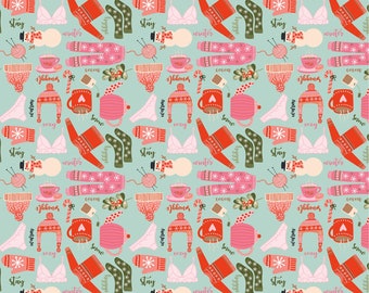 May include: A seamless pattern featuring a variety of winter-themed illustrations, including mittens, sweaters, mugs, teacups, snowmen, and other cozy items. The illustrations are in a variety of colors, including red, pink, green, and white, and are set against a light blue background.