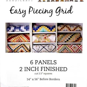 May include: TenSisters Handicraft Easy Piecing Grid packaging featuring a row of cartoon figures, text, and images of nine colorful patchwork quilts. The product includes 6 panels, 2 inch finished squares, 2.5 inch cut squares, and 54 inch by 56 inch dimensions.