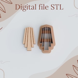 Peut inclure: Deux fichiers STL en bois, l'un plein et l'autre avec des découpes, dans un design géométrique art déco. Les fichiers sont brun clair et posés sur un fond neutre avec le texte "Digital file STL" en haut.