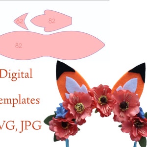 May include: Digital templates for a fox headband with orange ears, black tips, and a white felt inner ear. The headband is decorated with a flower crown of pink, red, and blue flowers.