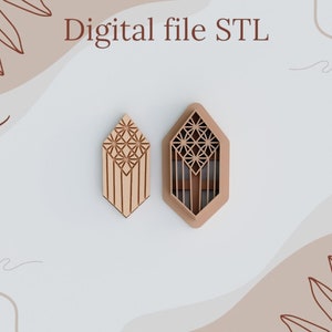 May include: Two wooden geometric shapes with a detailed pattern. The shapes are a solid piece of wood and a cutout shape. The text "Digital file STL" is at the top of the image.