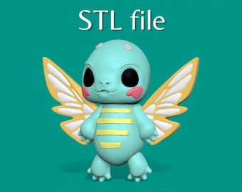 May include: A 3D printed model of a cute, blue and yellow creature with wings. The creature has large eyes, a small mouth, and a striped body. The wings are white with yellow edges.