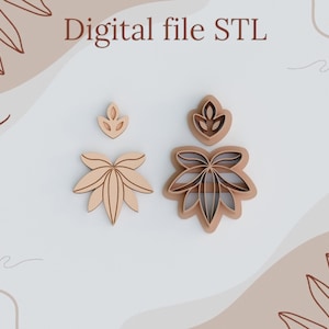 Puede incluir: Archivo digital STL de cuatro cortadores de galletas con forma de hoja. Los cortadores están hechos de madera marrón y están dispuestos en una fila sobre un fondo blanco. Los cortadores son de diferentes tamaños, siendo el más grande el que está en el centro de la imagen.