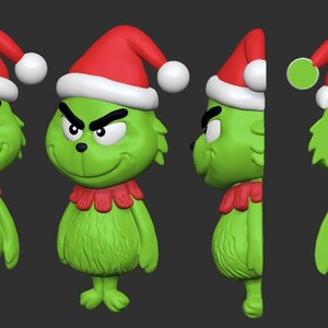 Op de afbeelding: Een groen personage met een rode kerstmuts met een witte rand en een witte bal erop. Het personage heeft een rode gefranjerde kraag en een ondeugende uitdrukking. De afbeelding toont het personage vanuit meerdere hoeken.
