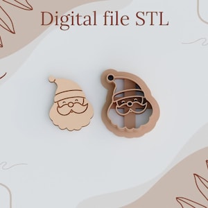 May include: Two Santa Claus cookie cutters, one with a solid outline and the other with a cut-out design. Both are brown and feature a simple Santa face with a beard and hat.