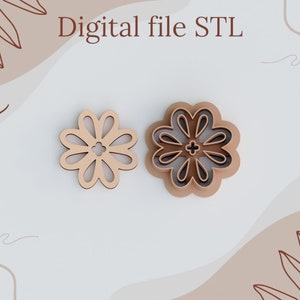 May include: Two flower-shaped cookie cutters. One is a solid wooden cutout, and the other is a brown plastic cutter with a detailed design. The text "Digital file STL" is at the top of the image.
