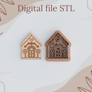 May include: Two gingerbread house cookie cutters, one with a brown outline and the other with a brown fill. Both cutters feature a heart, a star, and candy cane details.