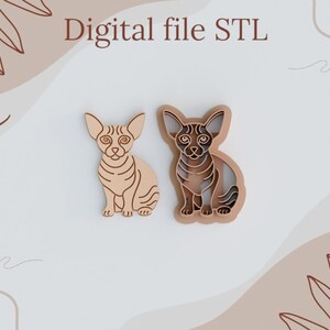 May include: Two 3D printed STL files of a Sphynx cat, one solid and one with an outline. The files are printed in a light brown colour and are ready to be used for 3D printing.
