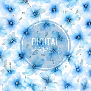 Pode incluir: Papel digital com um padrão floral azul. O texto "DIGITAL PAPER" está em um círculo no centro da imagem.