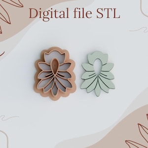May include: Two floral-shaped objects, one a light brown cookie cutter and the other a light green earring. The text "Digital file STL" is at the top. The background is a light beige with brown leaf designs.