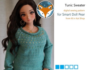 May include: A teal blue tunic sweater with a heart pattern and a pocket. The sweater is designed for a Smart Doll Pear and is a digital sewing pattern from Kit n Kat Shop. The text "Easy/Simple" and "Instant Digital Download Pattern & Instruction PDF" is also included in the image.
