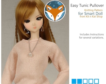 May include: A pink knitted tunic sweater for a doll, with a silver necklace and blue jeans. The image includes the text "Easy Tunic Pullover", "Knitting Pattern for Smart Doll", "from Kit n Kat Shop", "Includes Instructions for several variations", "Easy/Simple", "Instant Digital Download Pattern and Variations".