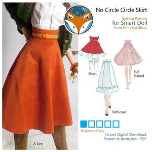 Può includere: Un cartamodello per una gonna da bambola, con un logo di volpe e il testo "No Circle Circle Skirt Sewing Pattern for Smart Doll from Kit n Kat Shop". Il cartamodello include istruzioni per tre diversi stili di gonna: corta, a svasatura ampia e un sottogonna. Il cartamodello è etichettato come "Principiante/Facile" ed è disponibile come download digitale istantaneo.