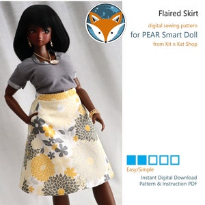 May include: A digital sewing pattern for a flared skirt for a PEAR Smart Doll. The pattern is easy to follow and includes instructions for making the skirt. The skirt is made of a white fabric with a yellow and gray floral print. The pattern is available for instant download as a PDF.