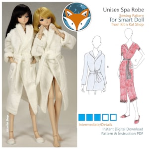 Puede incluir: Un patrón de costura para una bata de spa unisex para una muñeca Smart Doll. El patrón es para un nivel de habilidad intermedio e incluye instrucciones para hacer la bata. El patrón está disponible como una descarga digital instantánea.