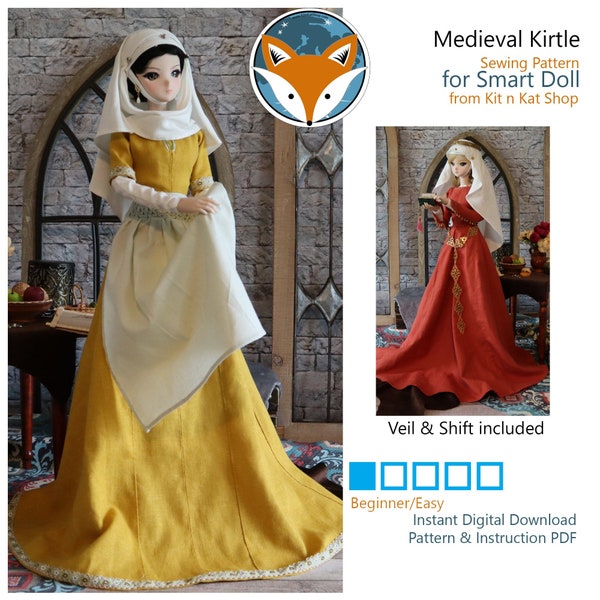 Patron de couture numérique pour BJD en vinyle de 60 cm - Kirtle et chemise médiévales