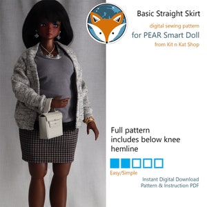 May include: A digital sewing pattern for a Basic Straight Skirt for a PEAR Smart Doll. The pattern includes instructions for a below-knee hemline. The pattern is easy to follow and includes a digital download of the pattern and instructions.