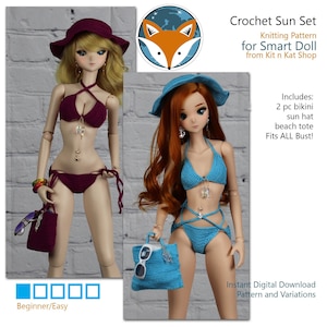 May include: Crochet Sun Set knitting pattern for Smart Doll from Kit n Kat Shop. Includes a two-piece bikini, sun hat, and beach tote. Beginner/Easy level.