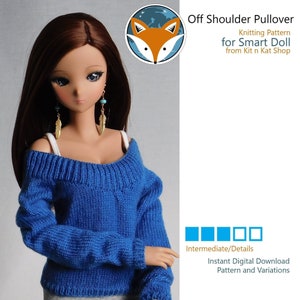 Puede incluir: Un suéter azul de punto de hombros descubiertos para una muñeca Smart Doll. El patrón de tejido está disponible como descarga digital instantánea. El patrón incluye variaciones.
