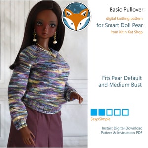 May include: A doll wearing a knitted pullover in shades of purple, blue, and yellow. The sweater has long sleeves and a round neckline. The image includes text that reads "Basic Pullover" and "digital knitting pattern for Smart Doll Pear."