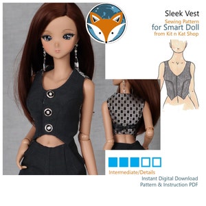 Puede incluir: Un patrón de costura para un chaleco elegante para una muñeca Smart Doll. El patrón es para un nivel de habilidad intermedio e incluye instrucciones para coser el chaleco. El patrón está disponible como una descarga digital instantánea en formato PDF.