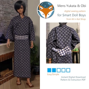 Op de afbeelding: Een digitaal naai-patroon voor een yukata en een obi, traditionele Japanse kleding, voor Smart Doll Boys. Het patroon heeft een blauw en wit geometrisch ontwerp. De tekst "Mens Yukata & Obi" en "Direct digitaal downloaden Patroon en instructies PDF" is in de afbeelding opgenomen.