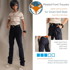 May include: A digital sewing pattern for pleated trousers for a Smart Doll Male. The pattern includes instructions for a single pleat front, slash pockets, a plain back, and a high waist. The pattern is available as an instant digital download.